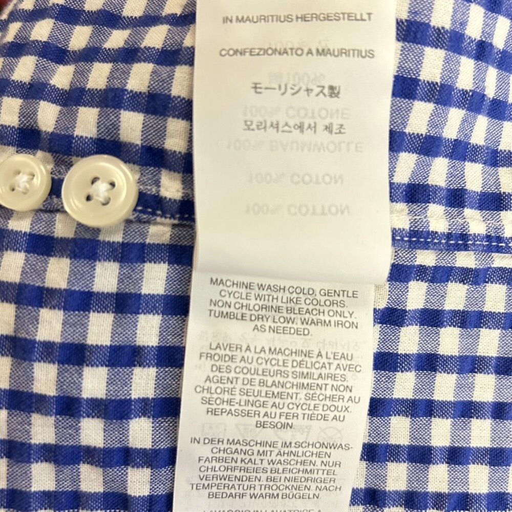 J. Crew Royal Blue White Gingham Check Seersucker SS Buttondown Shirt Sz L - Picture 12 of 16